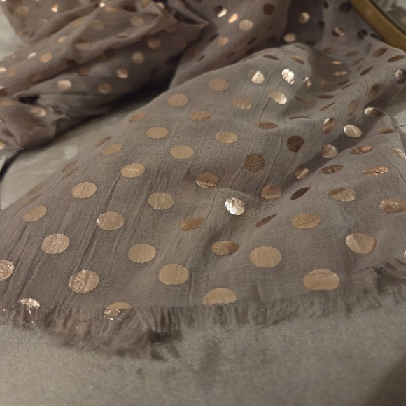 Printed Village 100% polyester beige scarf with metallic champagne color circles - Picture 6 of 8